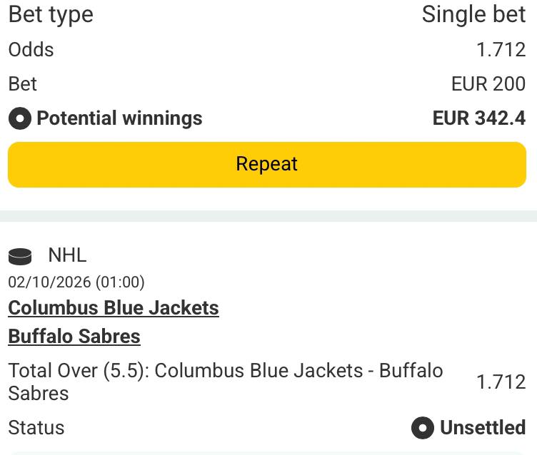 Bet slip for Columbus Blue Jackets vs Buffalo Sabres