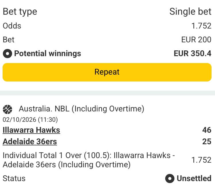 Bet slip for Illawara Hawks vs Adelaide 36ers