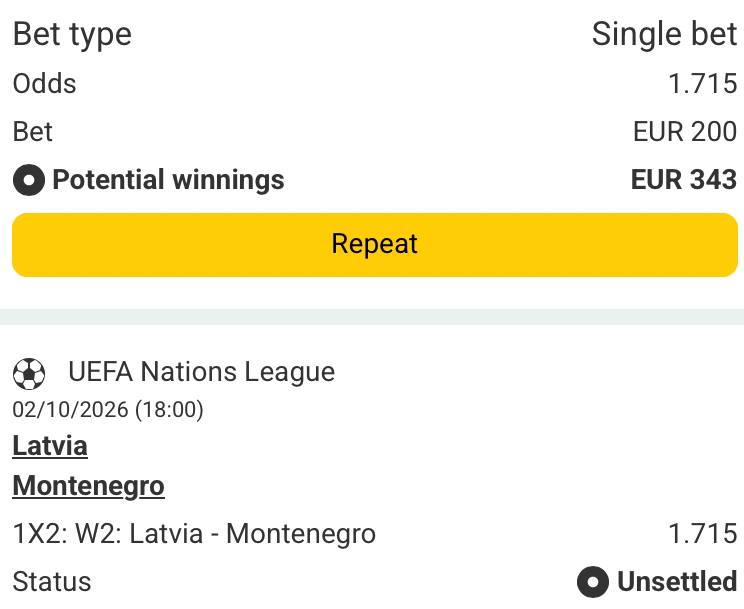 Bet slip for Latvia vs Montenegro