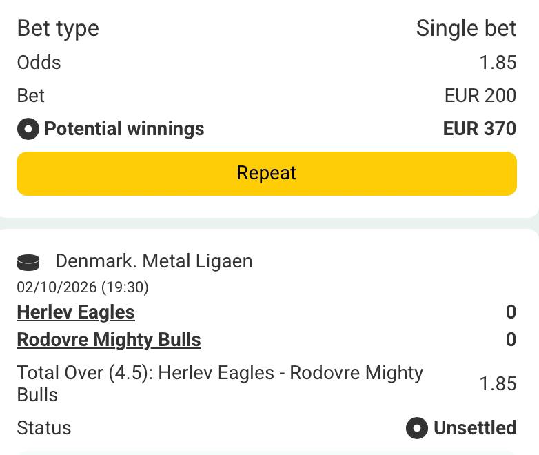 Bet slip for Herlev Eagles vs Rodovre Mighy Bulls