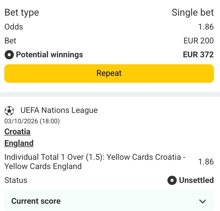 Bet slip for Croatia vs England
