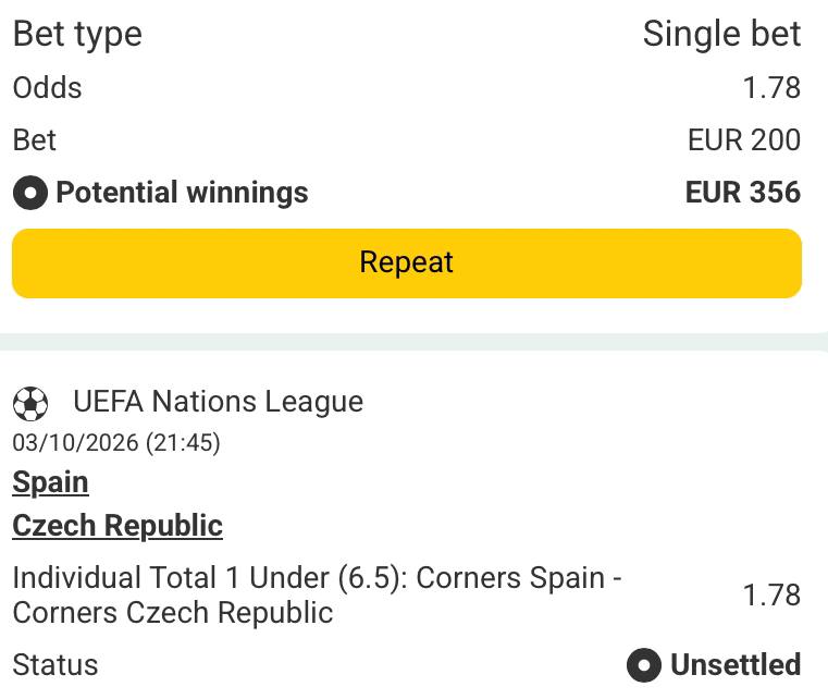 Bet slip for Spain vs Czech Republic
