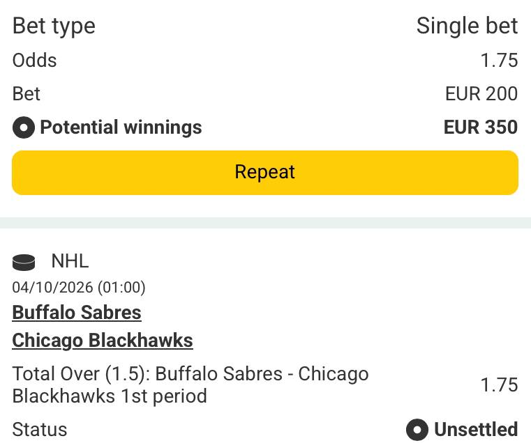 Bet slip for Buffalo Sabres vs Chicago Blackhawks