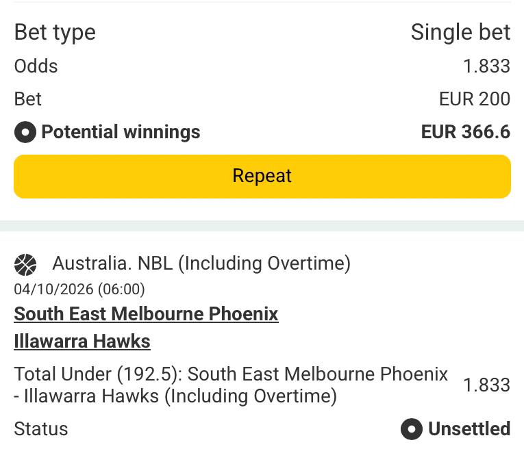 Bet slip for South East Melbourne Phoenix vs Illawarra Hawks