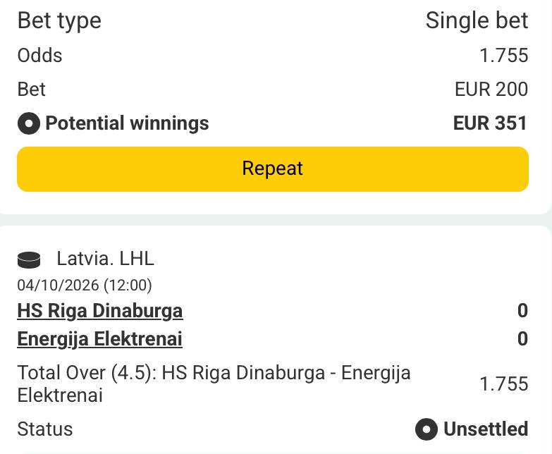 Bet slip for HS Riga Dinaburg vs Energija Elektrenai