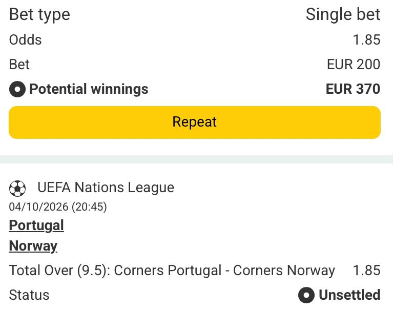 Bet slip for Portugal vs Norway