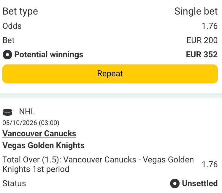 Bet slip for Vancouver Canucks vs Vegas Golden Knights