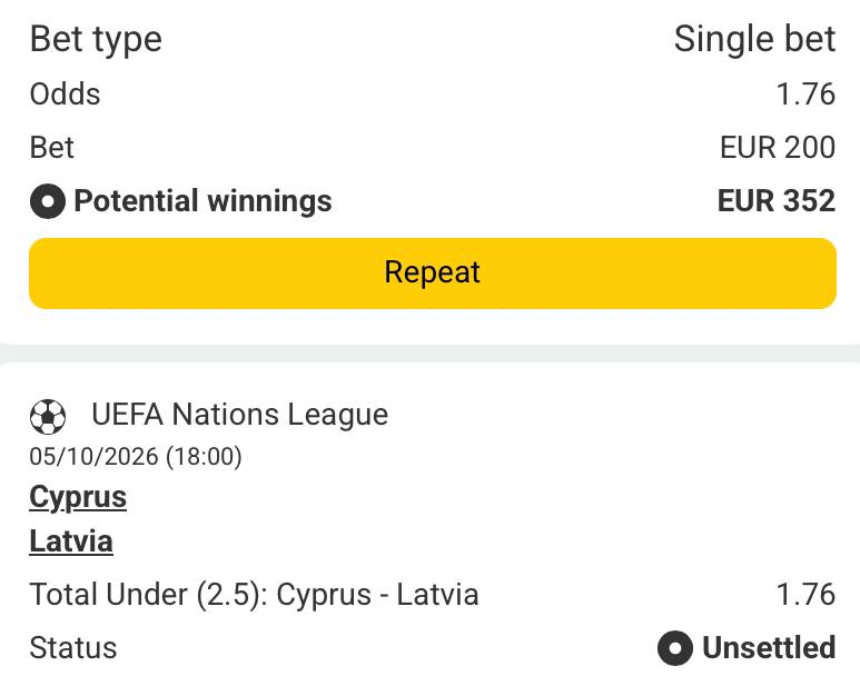 Bet slip for Cyprus vs Latvia