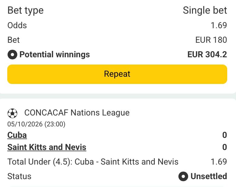 Bet slip for Cuba vs Saint Kitts and Nevis