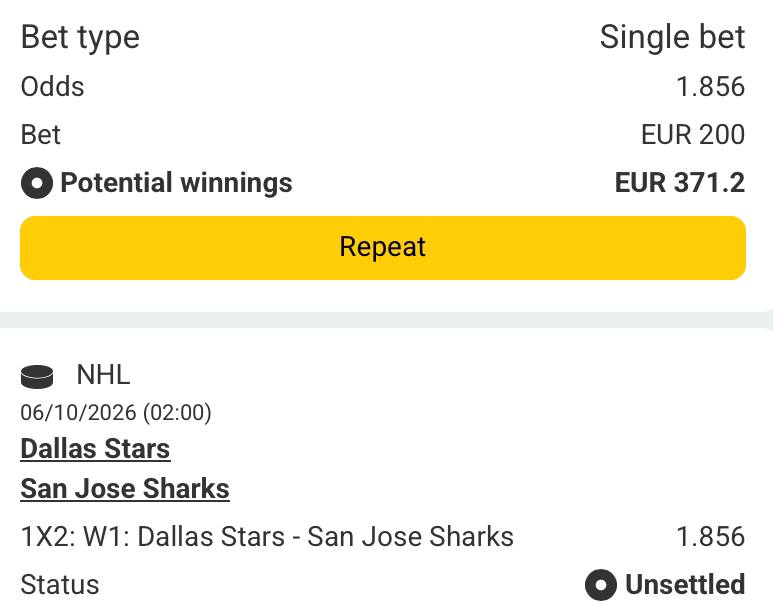 Bet slip for Dallas Stars vs San Jose Sharks