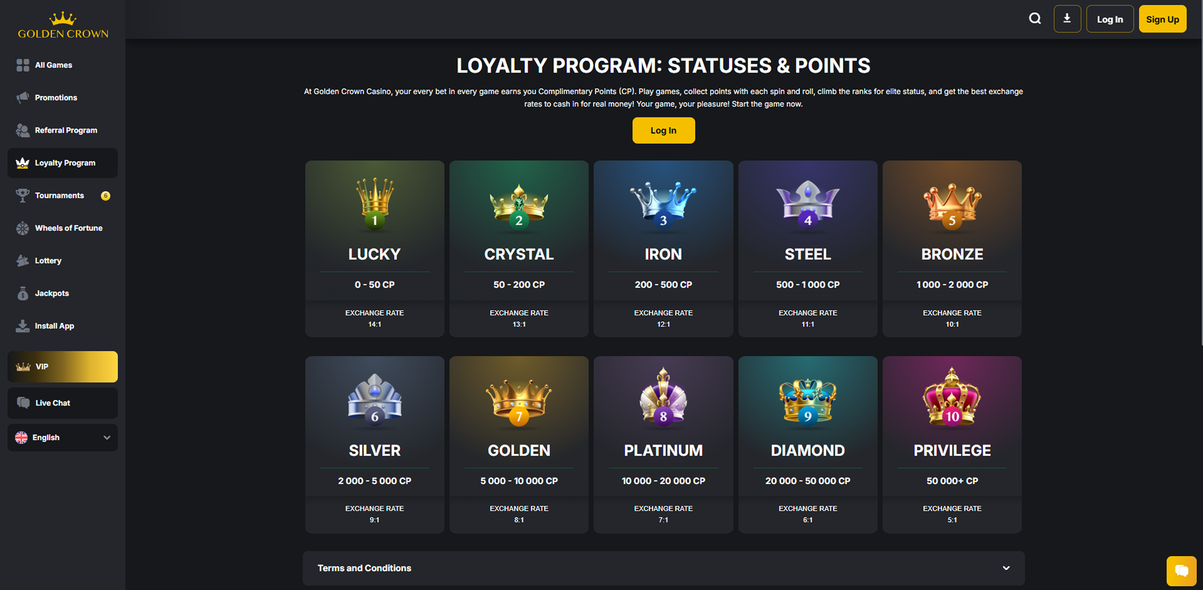 Golden Crown Casino loyalty program statuses