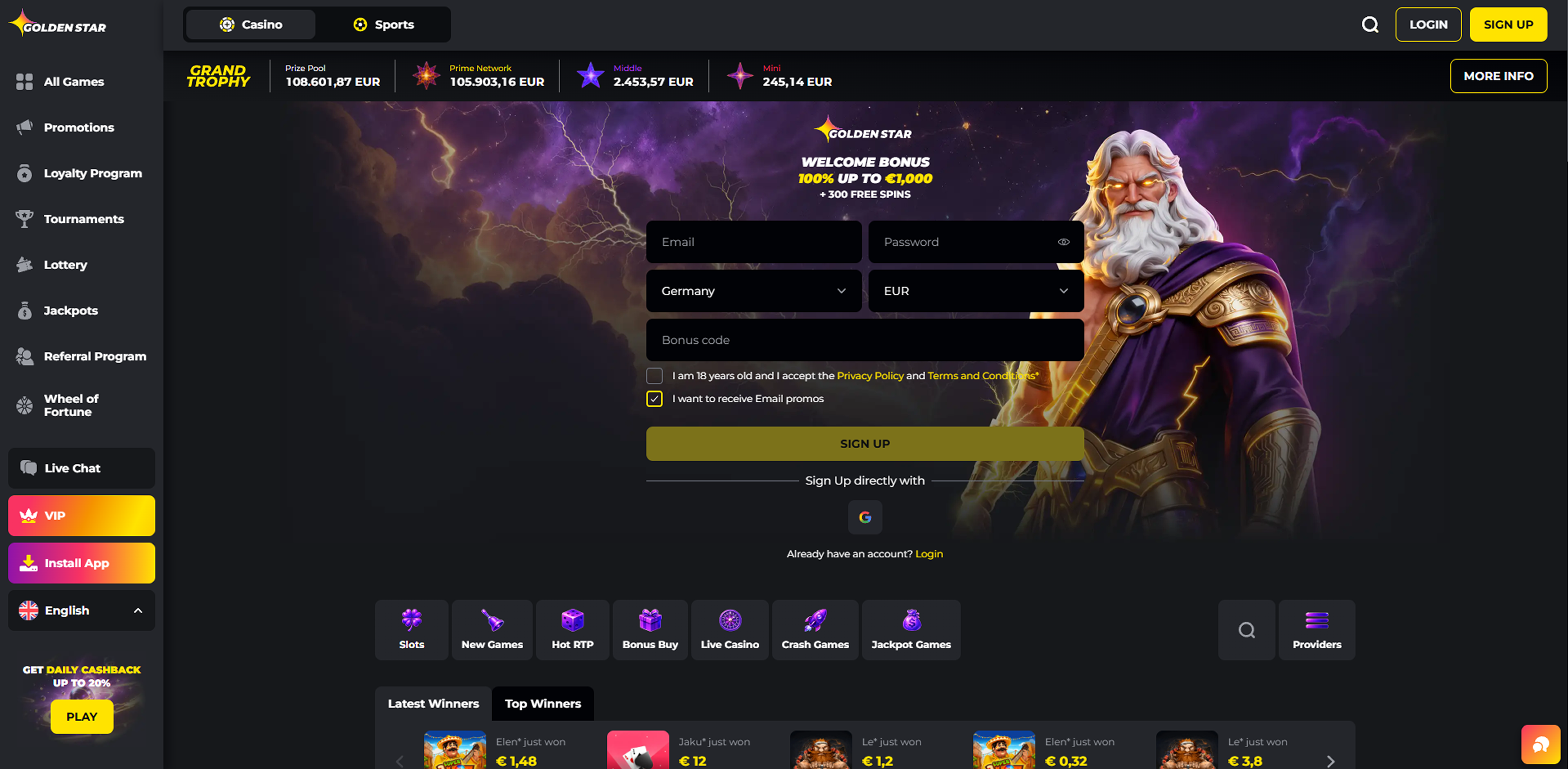 Golden Star Casino lobby with sign-up form
