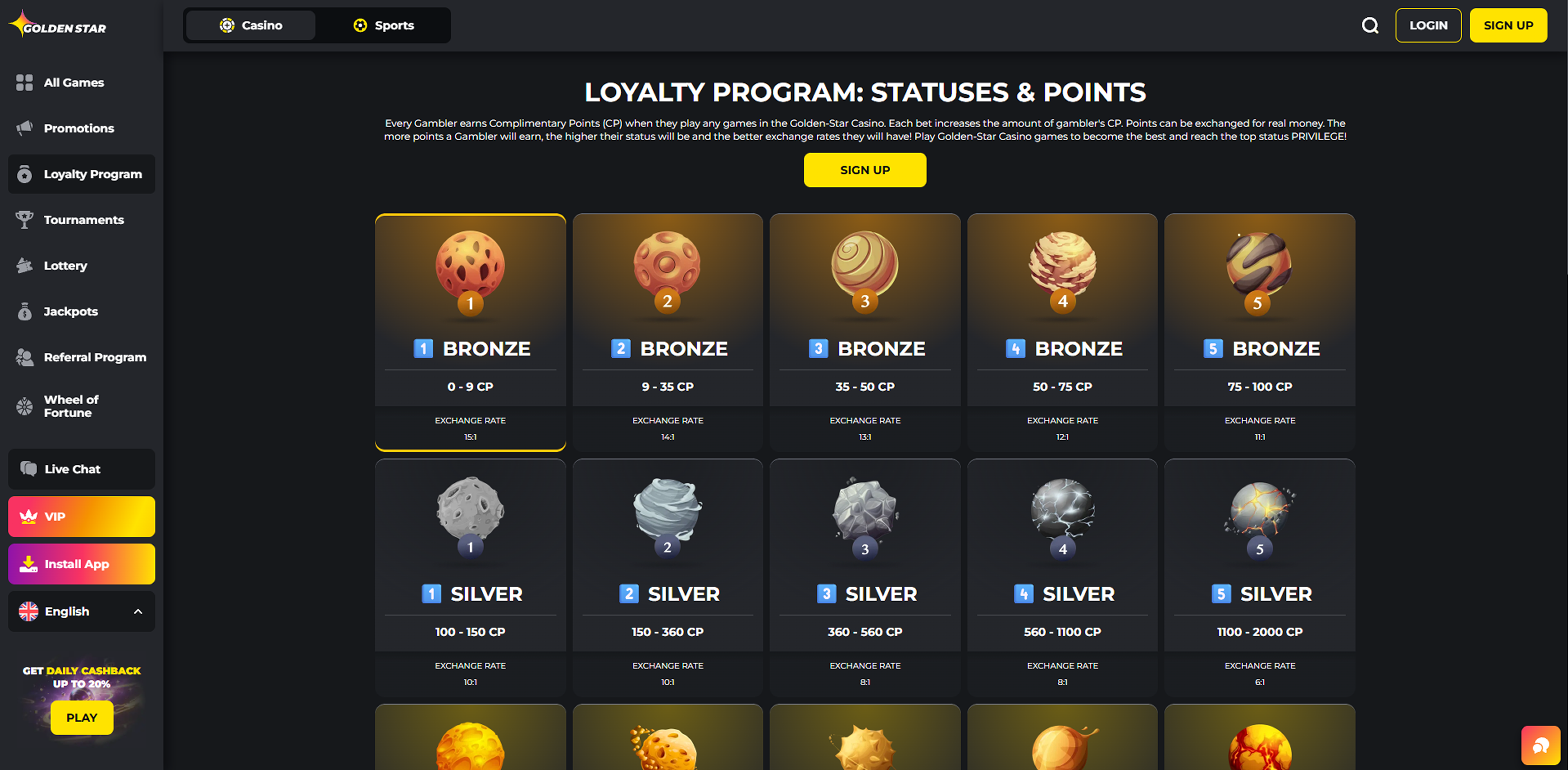 Golden Star Casino loyalty program statuses