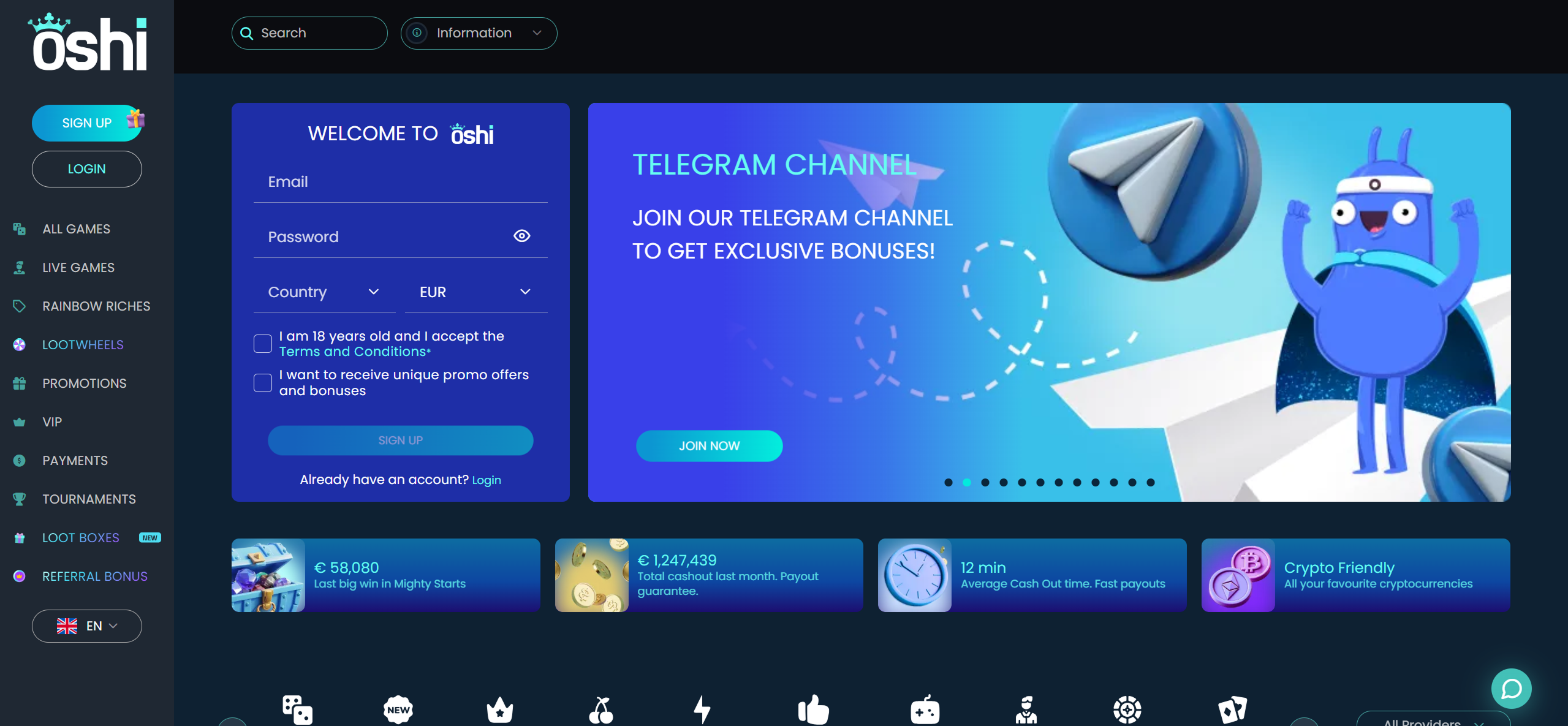 Oshi casino main page