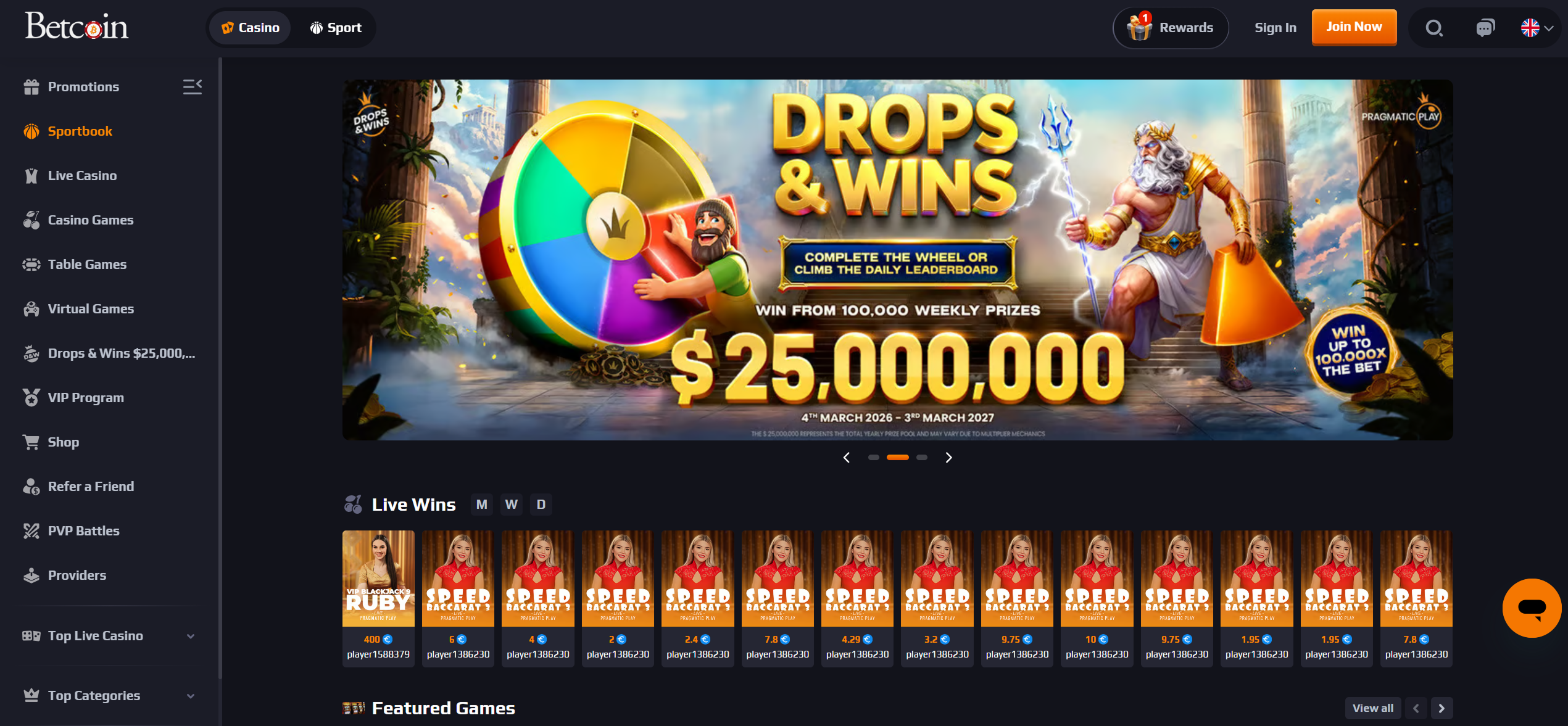 Betcoin.ag Casino lobby
