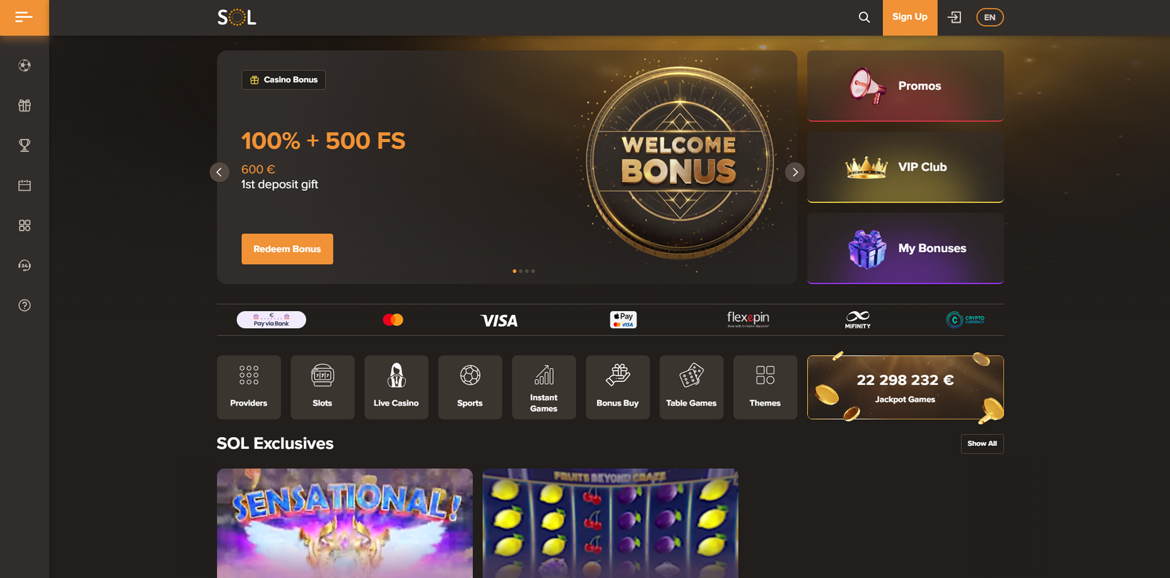 SOL casino main page